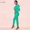 Höst Neon Green Pink Patchwork TrackSuit Two Piece Set Women Sexy Hooded Sweatshirt Crop Top Jogger Byxor Matchande Outfit Suit Y0625