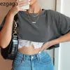 Ezgaga Crop Top T-shirt Moda Donna Solid Patchwork Manica corta Pizzo Maglietta allentata Casual Streetwear Summer Ladies Top 210430