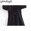 Vintage Black Linen Dress Summer Women Sexy Backless Lacing Puff Sleeve Square Neck Vestido Mujer Party Short Dresses 210430