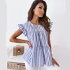 Office Lady Loose Ruffle Stitching A-Line Pullover Blusar Femme Sommar Rund Neck Kortärmad Striped Shirt Kvinnor Blusas 210517