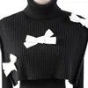 strip high collar solid Black sweater with shawl women bow short top two piece suit fashion tide spring GX38 210421