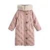 Winter White Duck Down Jasje Sneeuwvlok Zilveren Bontkraag Over de kniehoorns Hooded Oversized Casual Coat Vrouw 210520