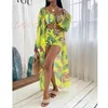 Sexy 3 Piece Sets Bikini Strap Crop Top+Shorts+Long Cover Up Women Summer Floral Print Chiffon Bathing Suit Beach Swimsuit 210722