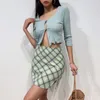 Sexig Bodycon Green Plaid Kjolar Kvinnor Split High Waist Kjolar För Vintage Kvinna Mini Skirt 210521