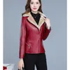 Winter Leather Jacket Women Plus Velvet Black Jackets Size Clothing Short Slim Wine Red Autumn Fashion Coats LR249 210531