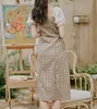 PERHAPS U Plaid Puff Short Sleeve Knee Length Solid Dress Vintage Pencil Slash Neck Elegant D1796 210529