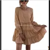 Damenbekleidung Bekleidung Drop Delivery 2021 Damen-Cupcake-Kleid, elegant, modisch, in voller Länge, normale Ärmel, Rundhalsausschnitt, einfarbig, drapiert, hoch