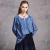 Johnature Women Haft Floral Denim Koszulki Vintage Luźne Przycisk O-Neck Z Długim Rękawem Jesień Oryginalna Koszulka żeńska 210521