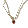 Pendant Necklaces Origin Summer Sweet Fashion Cubic Zircon Red Love Heart Necklace For Women Double-Layer Genuine Pearl Jewelry