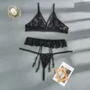 Biustonosz i majtki Zestaw Kobiety Bielizna Koronkowa Bielizna 3szt Seksowna Przezroczysta Czerwona Bielizna Przegląda Thong Femme Bralette Set