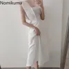 ノミクマエレガントノースリーブホワイトドレス女性ソリッドカラースリムウエスト背中の真珠のドレス韓国のファッションvestidos 3b091 210514