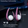 Creative Half Round Micro Pave Pink Cubic Zirconia Silver Pearl Drop Earrings for Women Unique Fine Jewelry CZ852 210714