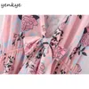 Floral Print Holiday Boho Beach Dress Kobiety Sexy Bow Tie V Neck Krótki Rękaw Vestido Mujer Lato Długie Maxi Robe 210514