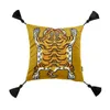 DunxDeco Cushion Cover Dekorativ fyrkantig kuddefodral Vintage Artistic Tiger Print Tassel Soft Velvet Coussin Sofa Stol Bedding 213196