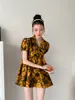 Jacquard Puff Sleeve Summer Dress Short Yellow Floral Ball Town Collared Mini Gold Elegant Fashion 210427