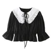 Retro Spliced Wood ear Peter Pan Collar Puff Short Sleeve Shirt CHIC Women Lacing up Blouse Exposed navel Tops 210429