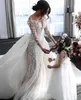 2023 Abiti da sposa sirene sexy di lusso a sirene gioiello maniche lunghe maniche lunghe Appliques in pizzo di pizzo tulle di treno staccabile overkirts abiti da sposa formali più dimensioni