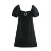 Summer Women's French Retro Style Square Collar Short Sleeve Fashion Chest Knot Slim Dress Vintage Female Vestido 210508