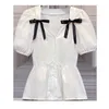 Kadın Dantel Bluz Femme Şifon Gömlek Tops Yaz Beyaz Kısa Kollu Blusa Feminina Yay Kadın Üst Gömlek Bluz Artı Boyutu 210604