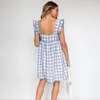 Kvinnor Sexiga Plaid Ruffles Ärmlös Klänningar Sommar Loose Square Neck Backless Kvinna Boho Beach A-Line Mini Dress Vestidos 210416