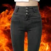 Hög midja streetwear förtjockning skinny denim byxor kvinnor plus storlek varm stretch penna jeans mammas slim sammet 210708