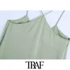 Traf Women Chique mode met knopen Soft Touch Midi Camisole Dress Vintage V Nek Dunne riemen vrouwelijke jurken Vestidos 210415