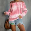 autumn long-sleeved fashion off-the-shoulder tie-dye printed ladies tops T-shirt women sexy slash neck casual basic tshirts 210517