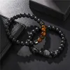 Charm Armband 2pcset Fashion Lion Crown Black Frosted Stone Bead Armband Men Classic Matte For Pave Cz Jewelry Gift4626319