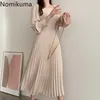 Nomikuma cintura delgada elegante vestido plisado mujer Color sólido manga larga una línea Vestidos otoño estilo coreano Vestidos 3c665 210514
