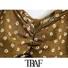 TRAF femmes Chic mode imprimé fleuri drapé Mini robe Vintage manches bouffantes avec volants plissé élastique femme robes 210415