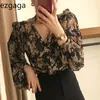 Ezgaga blus kvinnor koreanska chic söt spets upp v-neck blommig tryckt lång lykta ärm ruffles damer skjortor mode blusas 210430