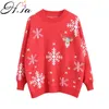 Women Christmas Sweater and Pullovers Casual Snowflake Deer Winter Knit Clothes Cartoon Red Jumpers oversized 210430