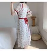 Yaz Şifon Çiçek Elbise Kadın MIDI Kısa Kollu Kare Boyun A-Line Bohemian Elbise Kore Kadınlar Zarif Robe Femme Vestidos 210515