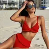 Vigorashely Red Ruflle Swimsuit Women Sexy High Waist Bikini Set Swimwear Female Brazilian Push Up Bathing Suit 210712