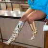 Металлические кожаные женщины колено высокие сапоги штриховые каблуки указанные настойчивые мода женские туфли ночной клуб светоотражающий Mujer 211105