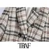 TRAF Femmes Mode Double Boutonnage Check Tweed Blazer Manteau Vintage Manches Longues Poche Femelle Survêtement Chic Veste Femme 210415
