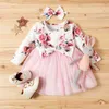 2 pièces bébé / enfant en bas âge fille imprimé floral bowknot décor robe en tulle à manches longues avec bandeau (pas de chaussures) 210528