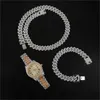 Hip Hop 13 5MM 3PCS KIT Heavy Watch Prong Cuban Necklace Bracelet Bling Crystal Iced Out Rhinestones Chains For Men Jewelry2541