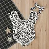 Vestiti per ragazze estive Costume da bagno con stampa leopardata + set di due pezzi turbante su set da bambina bianco 210528