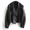 Frauen Faux Lederjacke Pu Motorrad Biker Roter Mantel Turndown Kragen Lose Streetwear Schwarz Punk Oberbekleidung Winter 210521