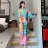 Autumn Print Satin Pajamas Set Women's Casual Home Wear Long Sleeve Elastic Waist Temperament Sleepwear Two Piece Pajama Set 211007