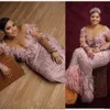 2021 Sexy Pink Aso Ebi Arabic Luxurious Feather Lace Prom Dresses Crystal Beaded Mermaid Long Sleeves Evening Dress Formal Party Second Reception Gowns Plus Size