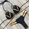 Black Bandage Swimsuit Sexy Brazilian Bikini Push Up Swimwear Women Micro Bikinis Plus Size Beachwear Shiny Gold 210702