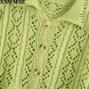 Cappotto da giacca in maglia cava sexy verde autunno Donna Coreano Chic Button Solid Casual Maglione corto Cardigan Donna Top 210520