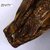 Zevity New Women Sexy Stand Collar Snake Skin Print Hem Ruffles Pleated Mini Dress Female Front Hole Long Sleeve Vestido DS4625 210401