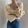Korean style Square Collar Solid Color Knitted Women Sweaters Sexy Puff Sleeve Thick Woman Sweater Winter Female Pullovers 210521