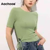 Solide Mode Frauen T-shirt O Hals Seite Kordelzug Chic Sommer T-shirt Kurzarm Hause Stil Cropped Tops Ropa Mujer 210413