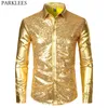 Männer Disco Shiny Gold Pailletten Metallic Design Kleid Hemd Langarm Button Down Weihnachten Halloween Bday Party Bühne Kostüm 210721