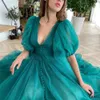 2021 Green Prom Dresses Puff Short Sleeve V Neck Evening Gowns Tea Length Tulle A Line Formal Party Dress