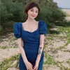 Summer Hong Kong Style Retro Sexy Backless Bow Dress Temperament Waist Short-sleeved Denim Girl 210529